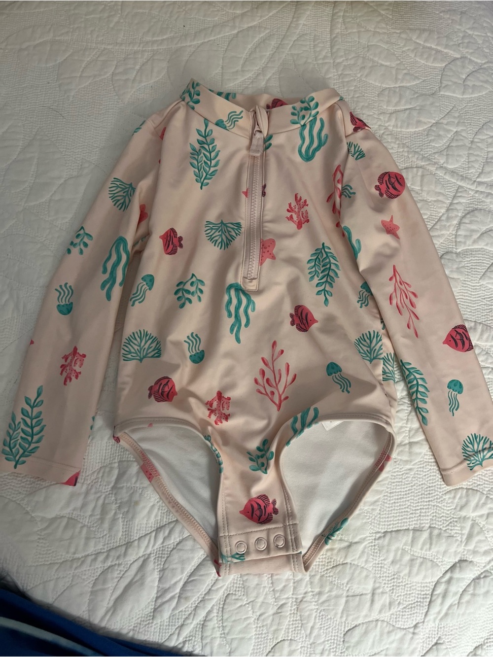 Carter's Pink Long-Sleeve One-Piece Swim Suit with Teal and Coral Sea Print
